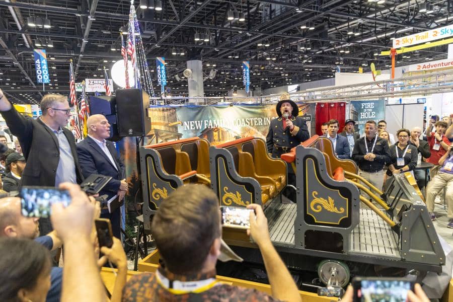 Curtain reveal of coaster train for Fire in the Hole from Silver Dollar City and Rocky Mountain Construction